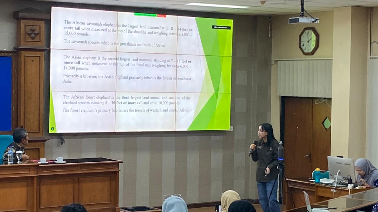 Thadar Shin Thant menyampaikan presentasi berjudul “Elephant and Their Habitat Characteristics”.